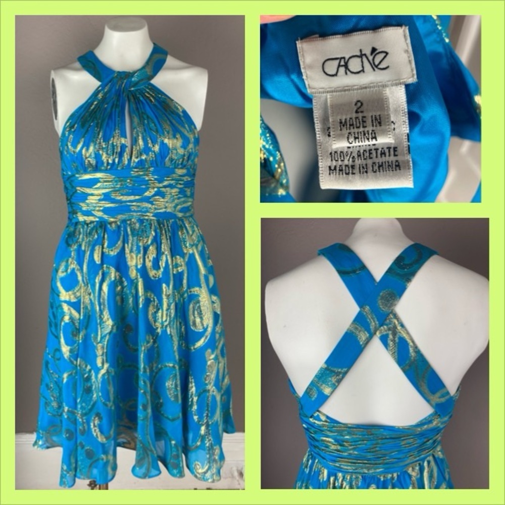 Caché Blue Silk Chiffon and Gold Metallic Party Dress - Size 2